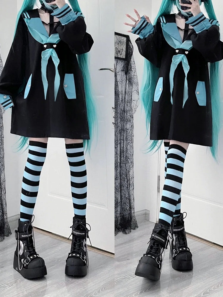 Style Landmine Black Futuristic Sailor Collar  Cross Halter Neck Long Top with Contrast Green