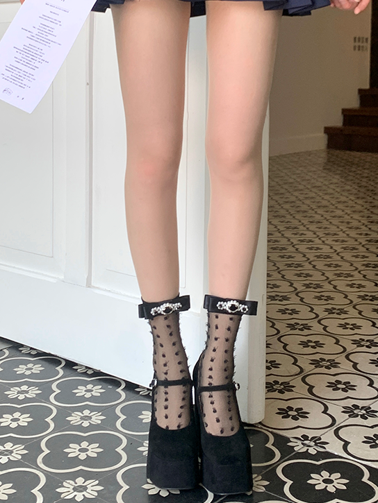 Strassverzierte Socken mit Schleife Weiß/Grau/Schwarz
