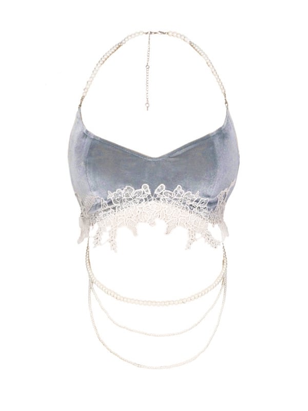 ダスティデタッチャブルキャミソール、アップリケ付き、ブルーレースチェーン、ベルベットビーズ