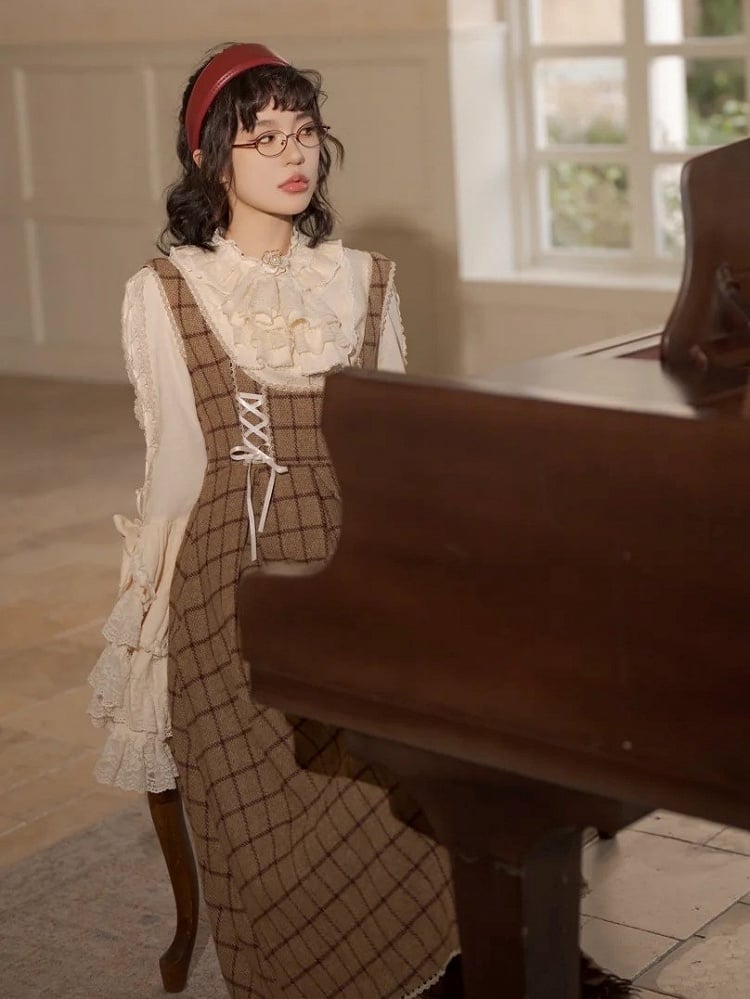 Classic Lace-Up Elegant Details Lolita with Brown Dress Plaid