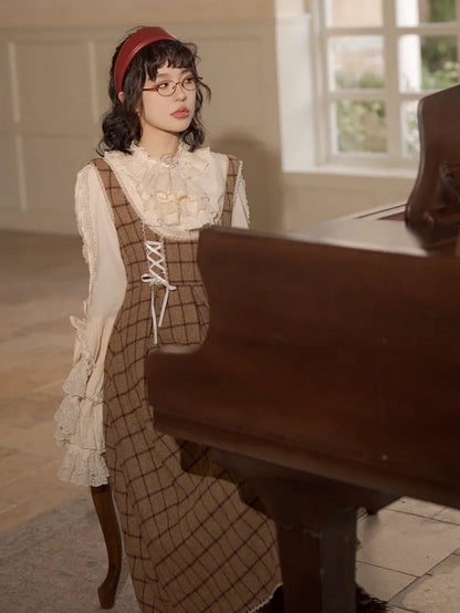 Classic Lace-Up Elegant Details Lolita with Brown Dress Plaid