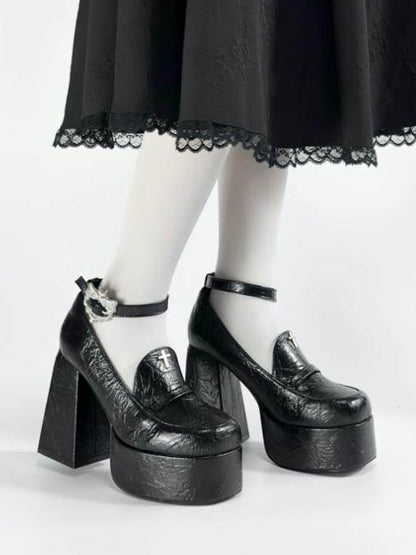 Clips Heel Block Mary Bow Details Decor Janes PU Black Gothic with Heart Cross Detachable High