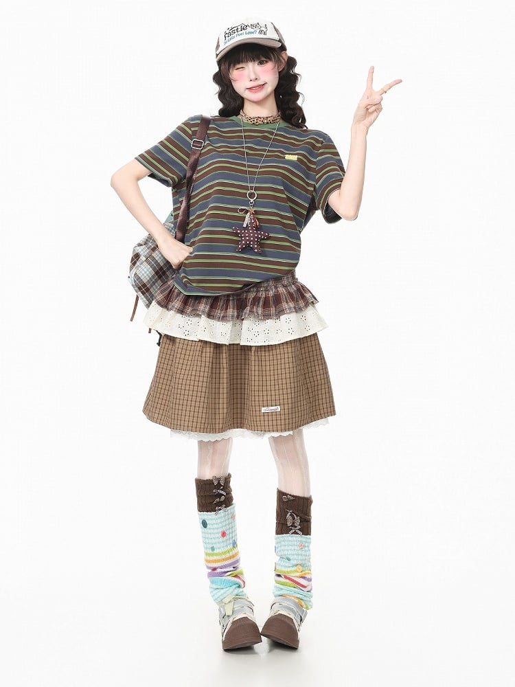 Coffee Plaid Skirt with Lace Accents