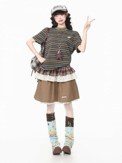 Coffee Plaid Skirt with Lace Accents