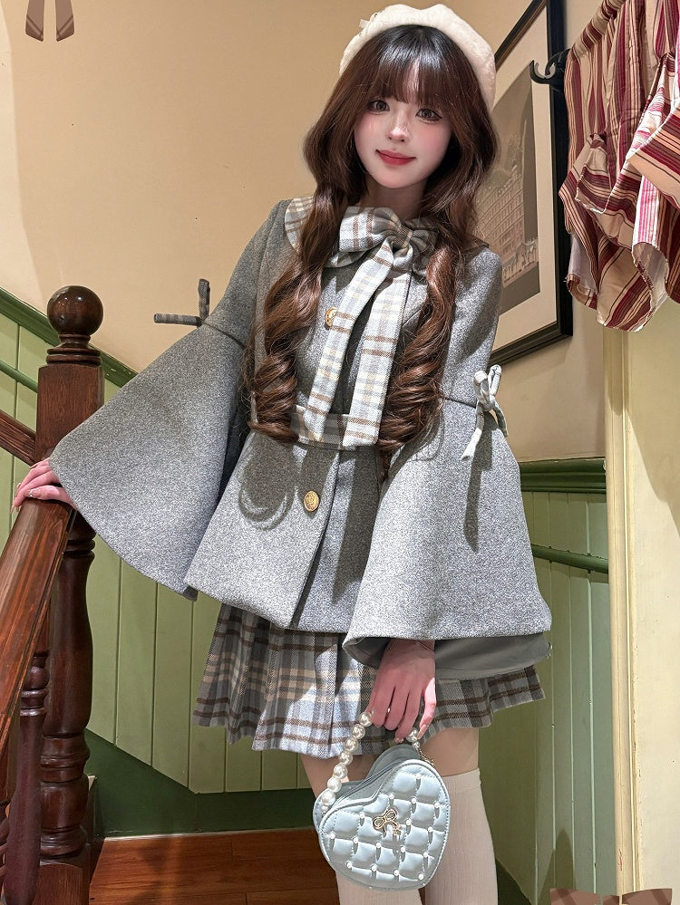 グレーのプレッピースタイルベルスリーブジャケット（チェック柄リボンアクセント付き）+グレーのチェック柄プリーツスカートセット