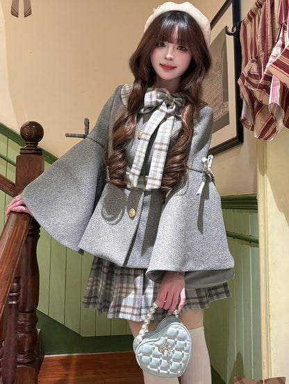 グレーのプレッピースタイルベルスリーブジャケット（チェック柄リボンアクセント付き）+グレーのチェック柄プリーツスカートセット