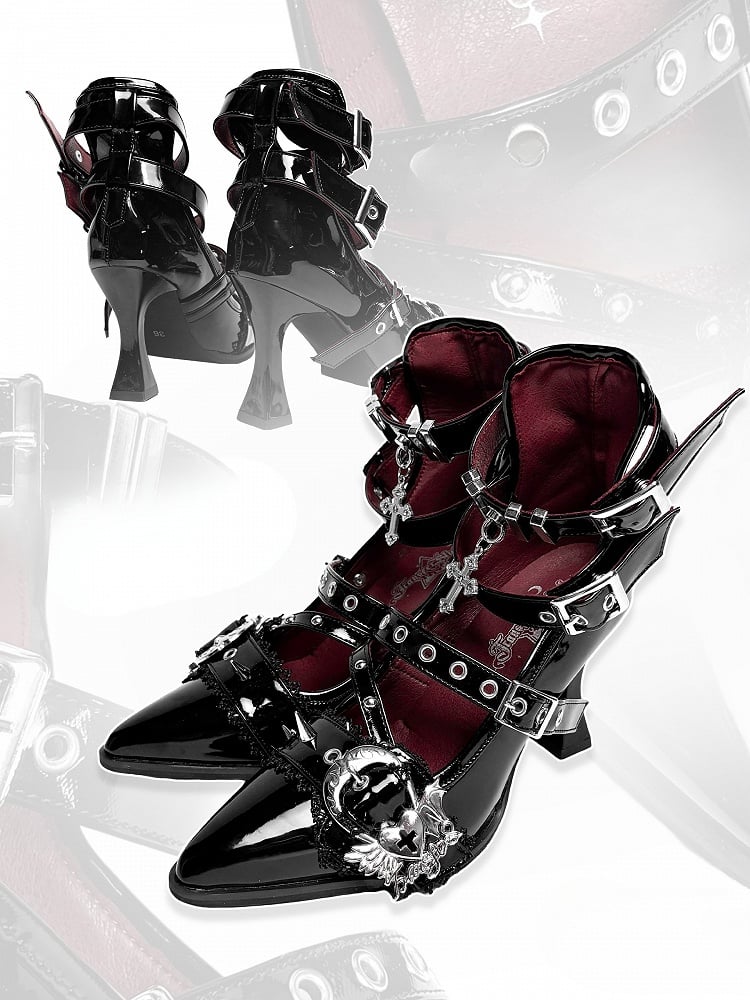Cone Detailing Black Polished Toe Gothic Stud - Heart Buckle High Heels Pointed