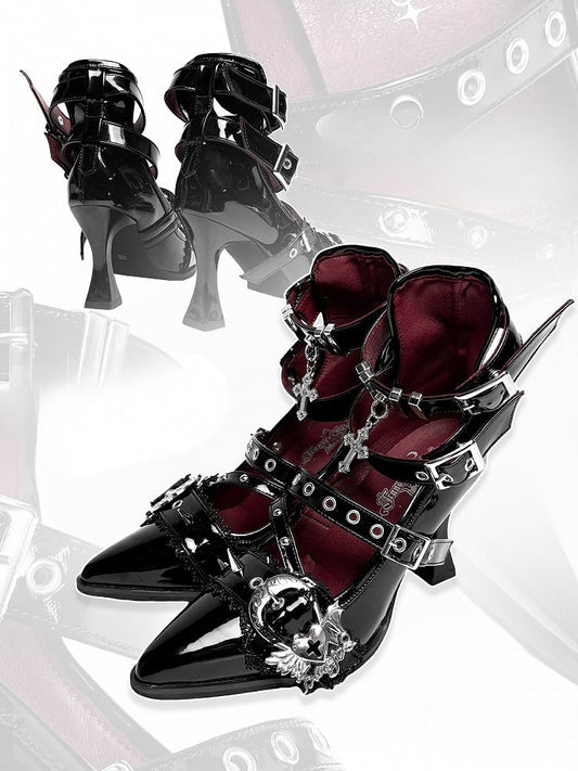 Cone Detailing Black Polished Toe Gothic Stud - Heart Buckle High Heels Pointed