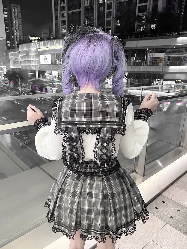 White Gray Kei Long Plaid Collar Sleeves Sailor Blouse Jirai with Bunny-Ear