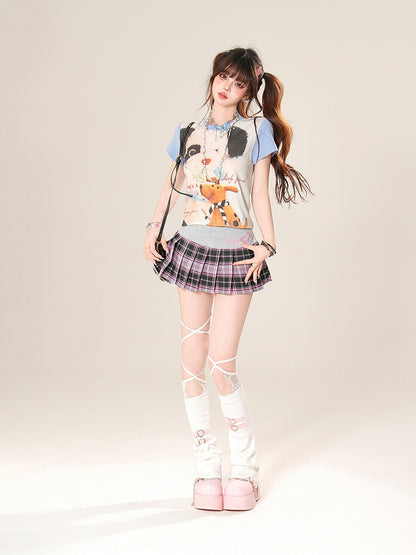 愛らしいカラーブロックデザインの子犬プリントのブルー/ピンクのTシャツ