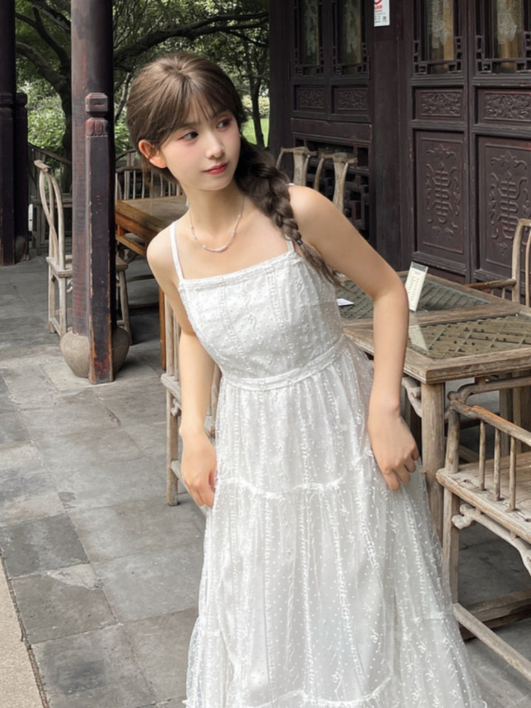 Lace Slip Dress Length White High Waist Ankle