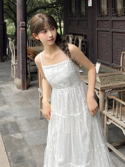 Lace Slip Dress Length White High Waist Ankle