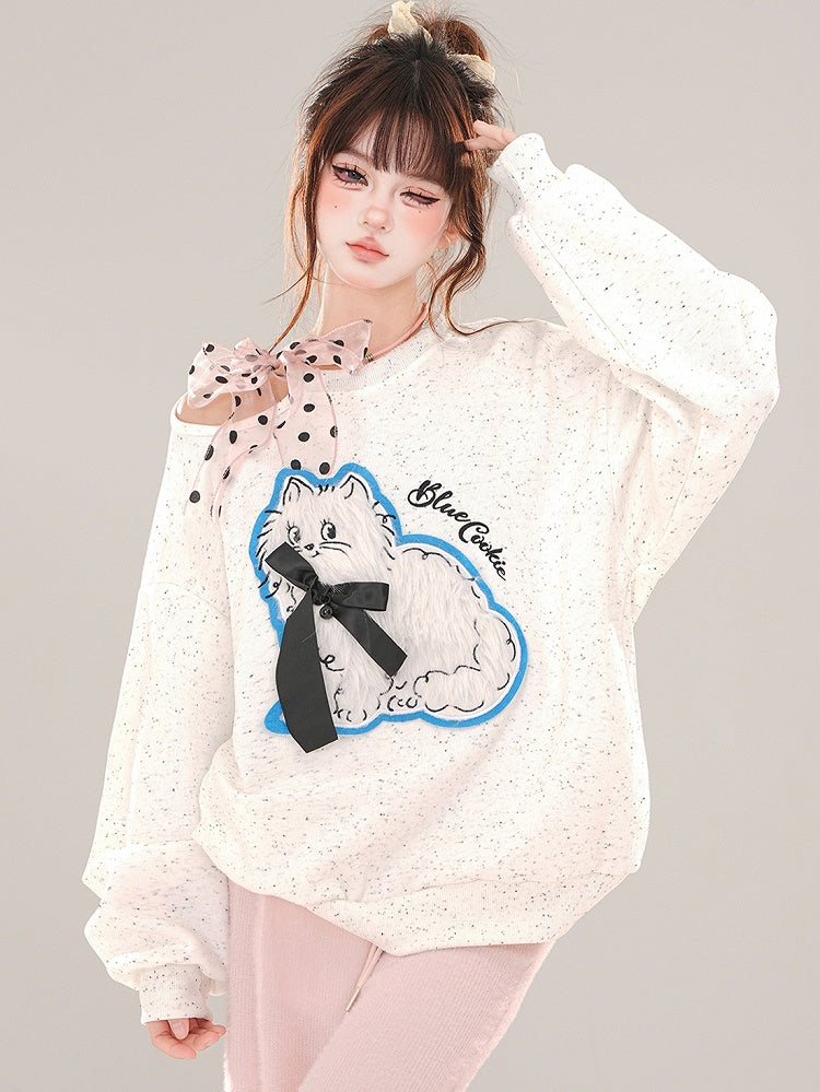 White and Blue Cute Kitty Applique Cutout Shoulder Sweatshirt Self-tie Ribbon