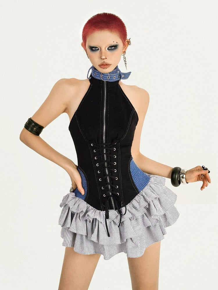 Camel-Black Halterneck Sleeveless Ruffled A-Line Dress