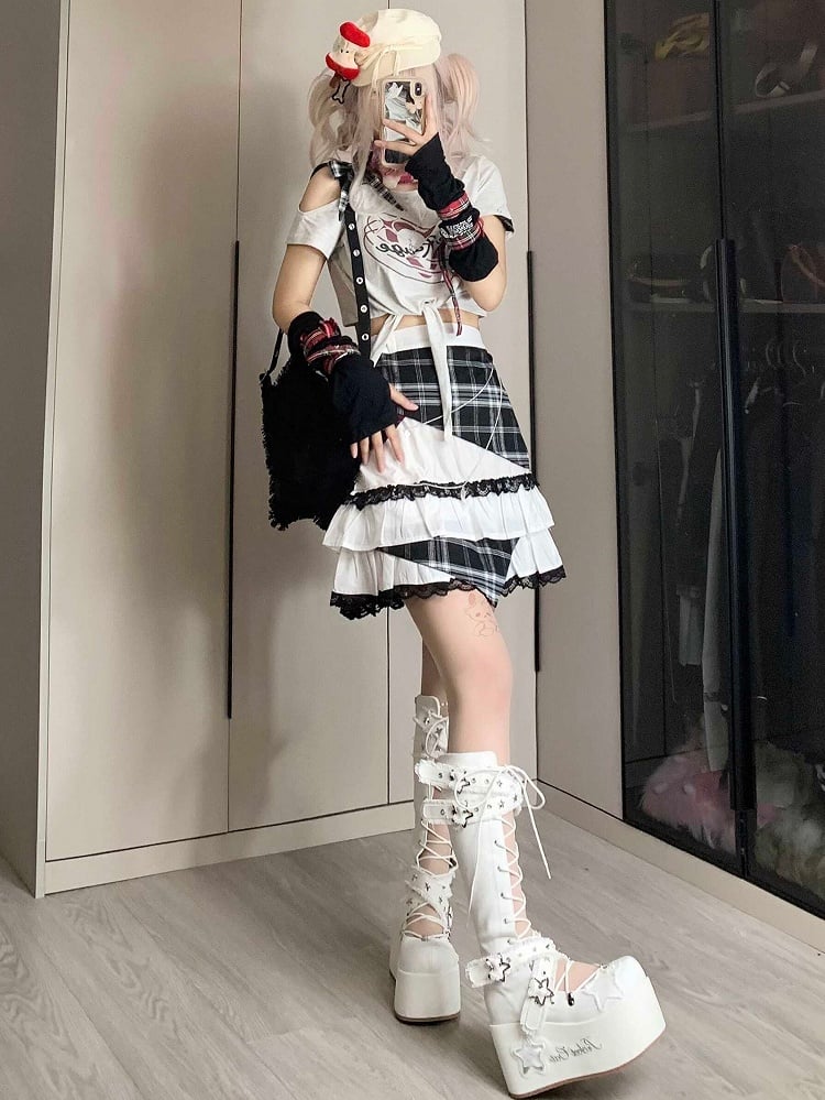 Rock gestuft Jirai Plaid Kei Trim Spitze Idol Weiß