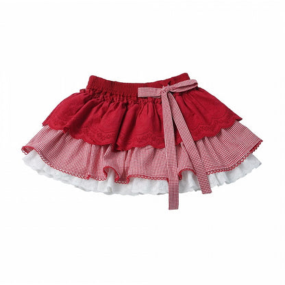 Scarlet Gingham Layered Mini Skirt with Lace Trim - PINK SAVIOR