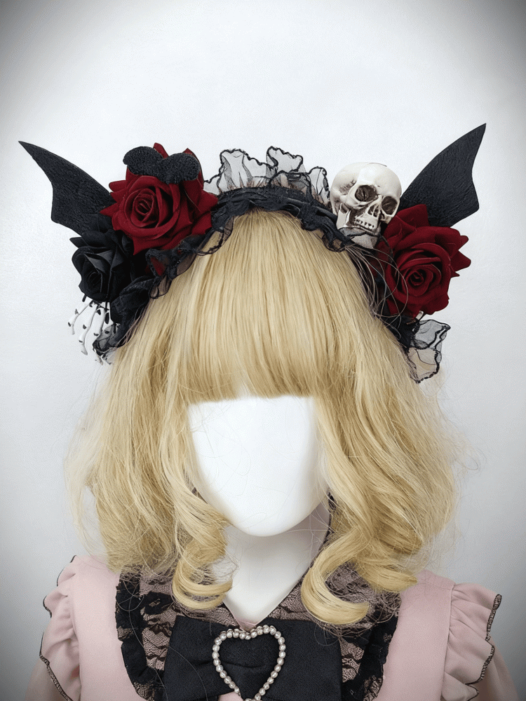 Skull Gothic + Rose Veil Trim Wings Black Detachable KC Lace