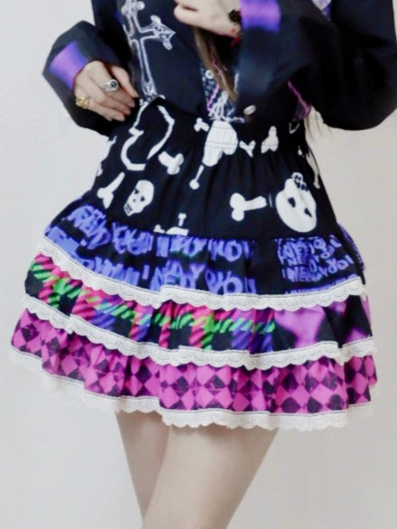 Und roter Diamant-Herz-Muster-Druck Y2K Skelettrock Rose Bone Tiered