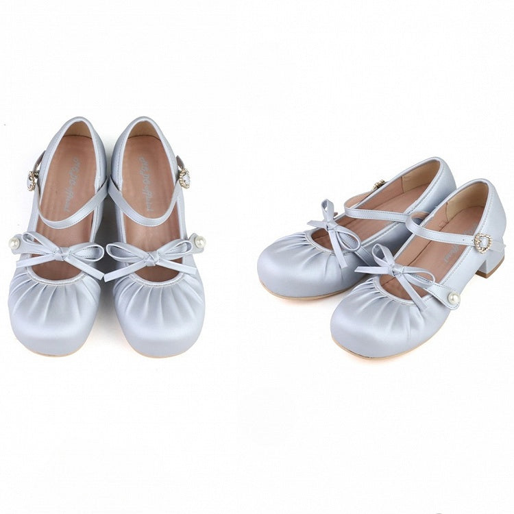 Blue Sweet - Toe Mary Janes Knotted Low-heel Buckle Top Heart Lolita Rhinestone at Bow Round