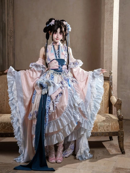 Porcelain Theme Asymmetrical Flounce Hem Lolita Dress Set with Detachable Sleeves - Your Highness