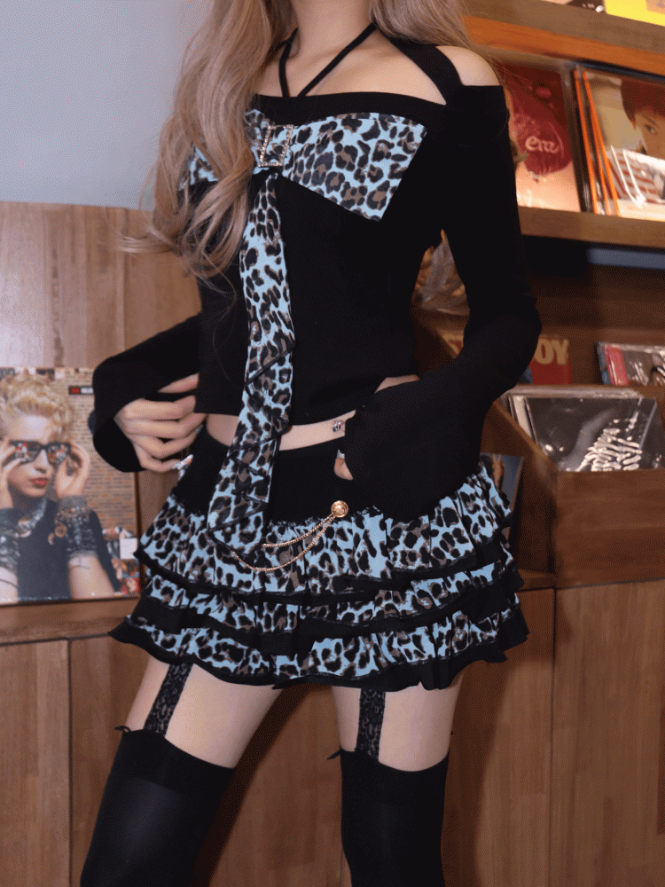 Hime Glamorous Leopard Print Off-Shoulder Top with Statement Bow Mint Gyaru Green/Purple