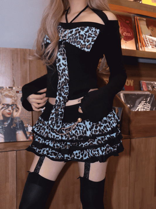 Hime Glamorous Leopard Print Off-Shoulder Top with Statement Bow Mint Gyaru Green/Purple