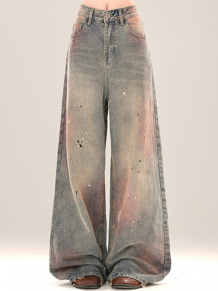 Faded Wash Blue and Pink SplashInk Details Wide-Leg Jeans