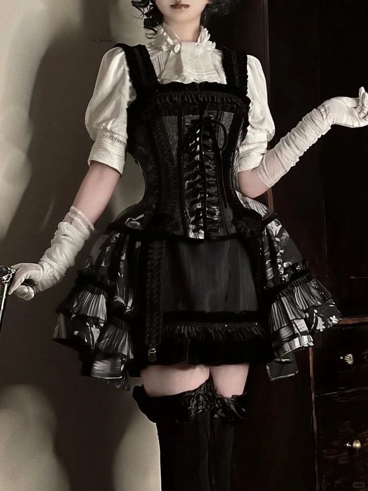 Ruffles and Black Lolita with Boned Short Pearl Shell Gothic Print Dress Corset