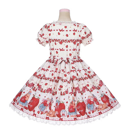 Frühlings-Erdbeer- und Kaninchen-Print, Spitzenbesatz, Schleife, Akzente, Beige, süßes Lolita-Kleid, einteilig