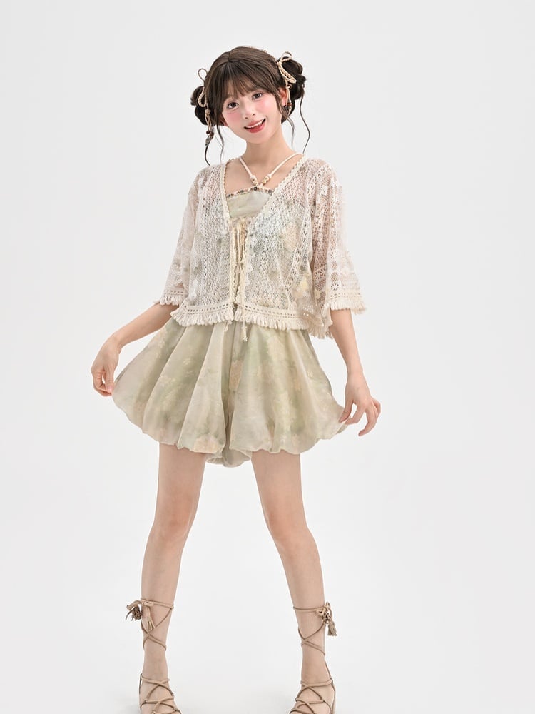 フリンジヘムホリデートップ ライトグリーン ホルターネック フローラルプリント