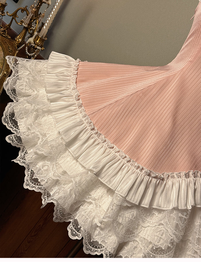 White Sleeveless Pink Dress Slim Striped Layered Neck Fabric Lolita Ruffle Sweet Waist Fit