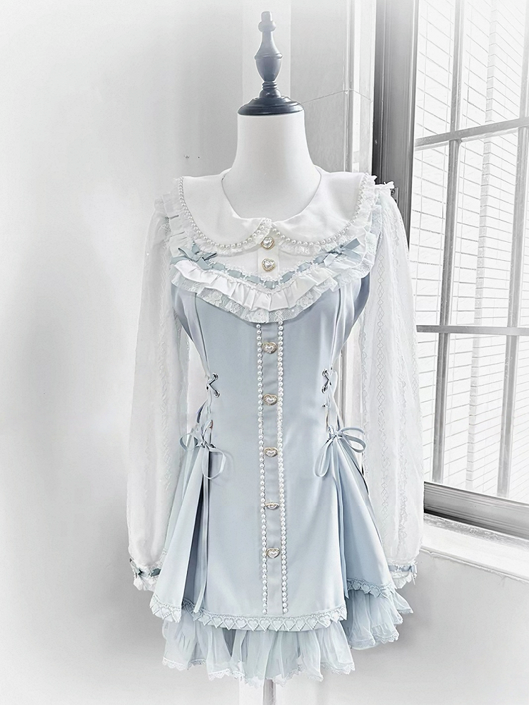 Blue Lace Long Sleeve Dress with Bow & Bead Decorations + Matching Shorts - AOSpace