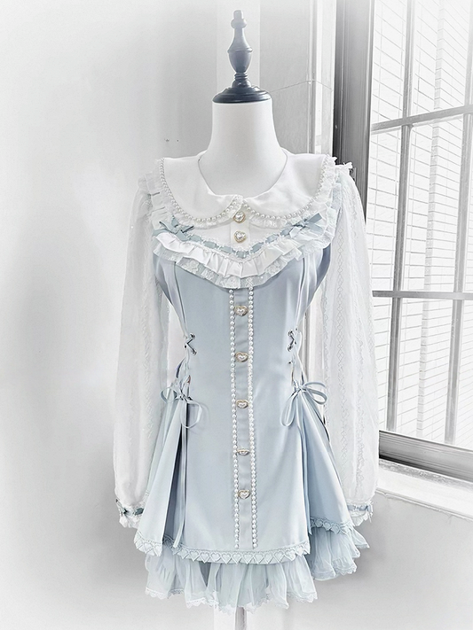 Blue Lace Long Sleeve Dress with Bow & Bead Decorations + Matching Shorts - AOSpace