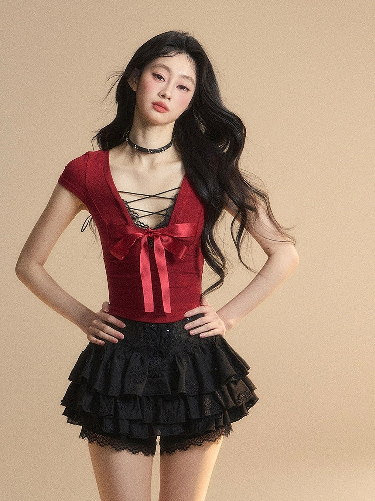 Red Lace Big Bow Slim-fitting Back T-Shirt Trim V-Neck Cutout
