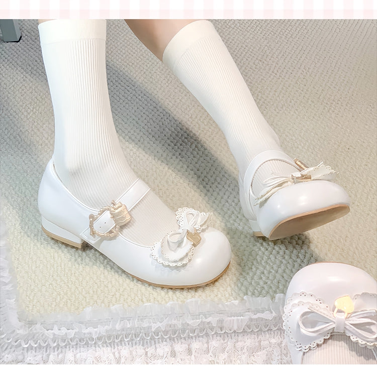 Cake White Buckle Heart Sweet Low-Heel Janes Lolita Multilayer Bow Top - Mary