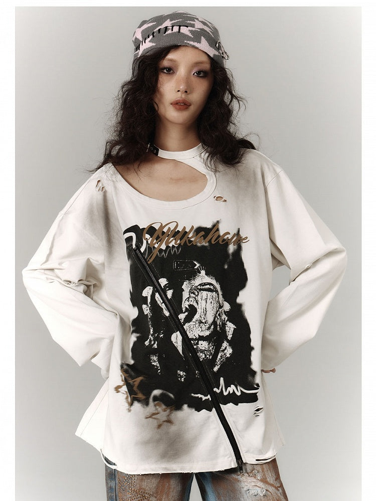 Zipper and Detail White Distressed Top with Cutout Shoulder