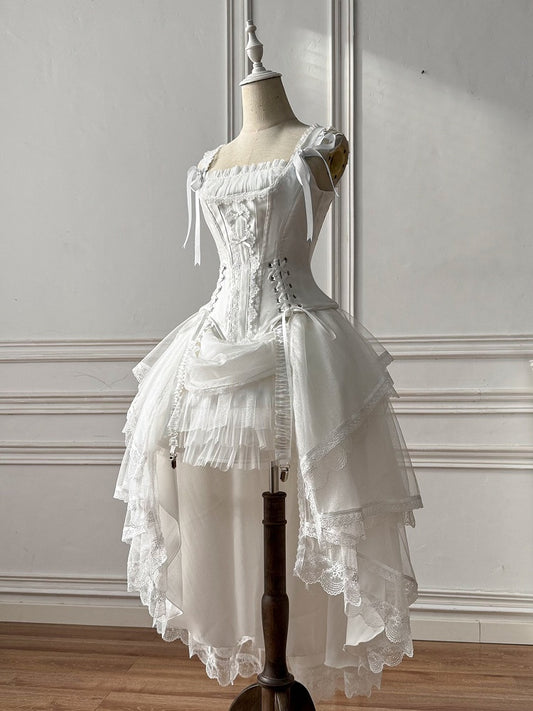White Lace-up Details Boned Corset Top + High-low Layered Lolita Skirt