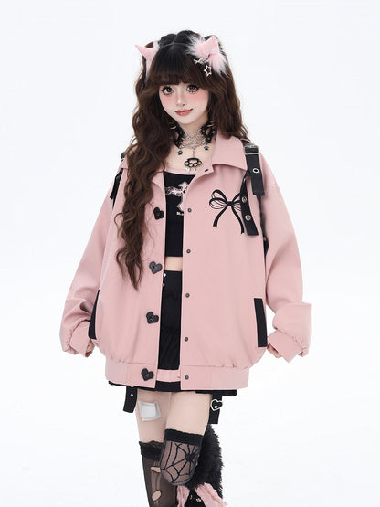 Pink Heart-shaped Snap Baseball Jacket with Detachable Bowknot Strap