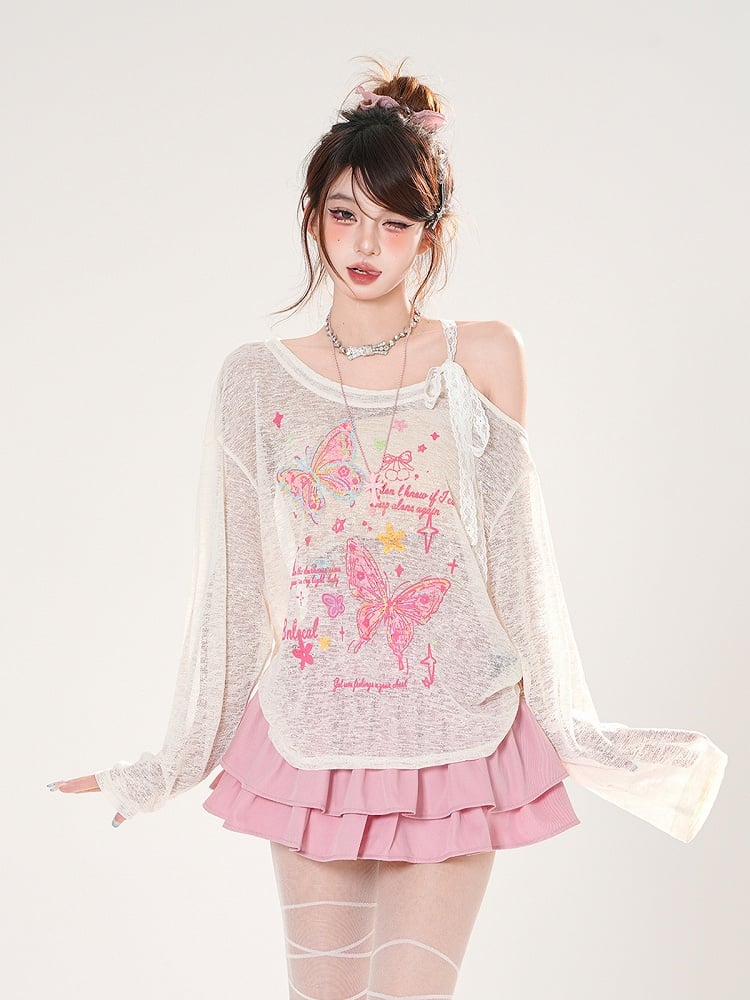 Asymmetrical Neckline Butterfly Print Apricot/Green