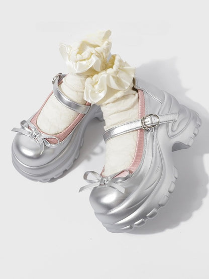 Janes at Chunky Top Mary Style Sole Silver Knotted Bow with Preppy