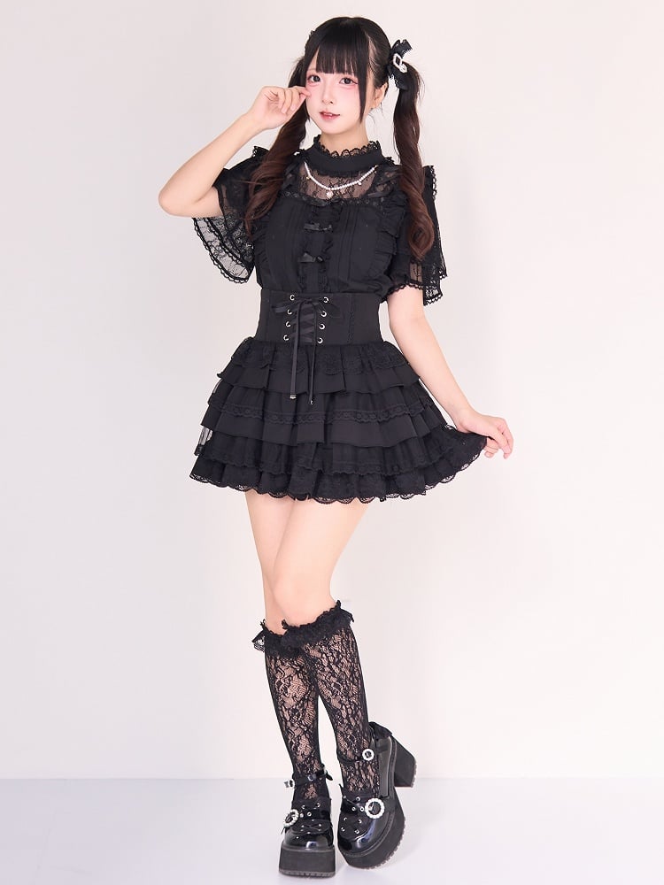Trim Kei Lace Jirai Skirt Tiered Black Design with