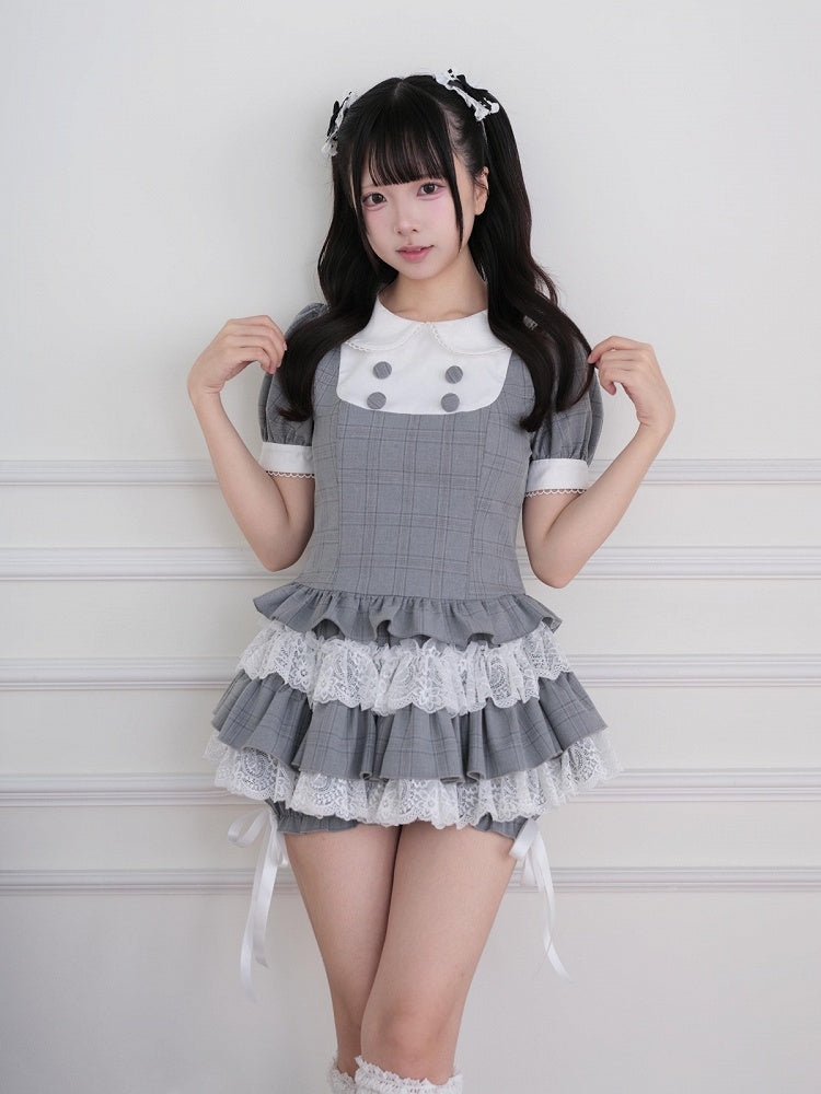 Gray Plaid Two-piece Set - Peter Pan Collar Top + Lace Ruffle Tiered Skirt - Landmine Style - No Genki