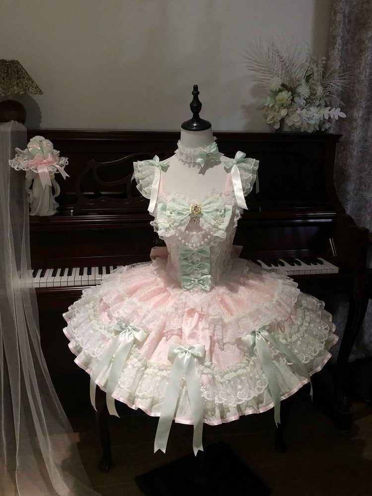 Pink & Green Multi-Layer Lace Lolita JSK Dress - Miss Han