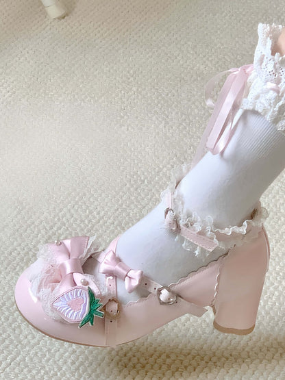 Mary - Pink with Crisscross Straps Scalloped Berry Janes Edge Sweet Decorated Detachable Bow