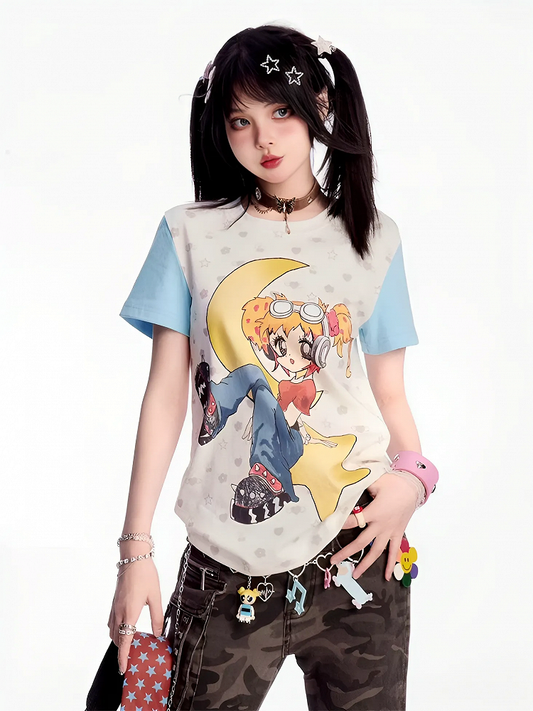 漫画ガール Y2K ブルー ホワイト カラーブロック デザイン プリント T シャツ