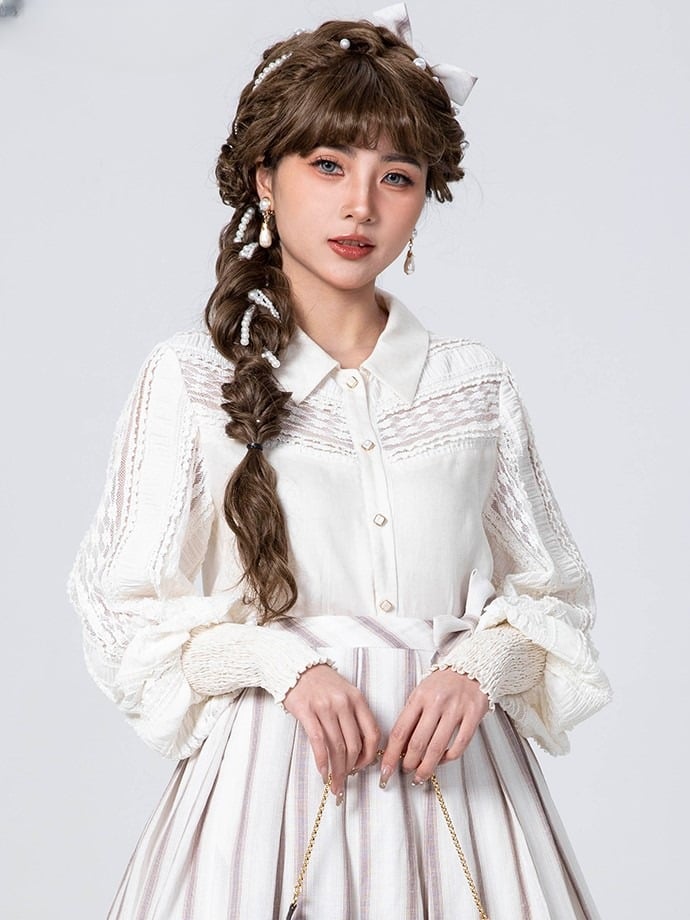 Sleeves Patches Lace Beige Contrast Blouse Lolita Balloon
