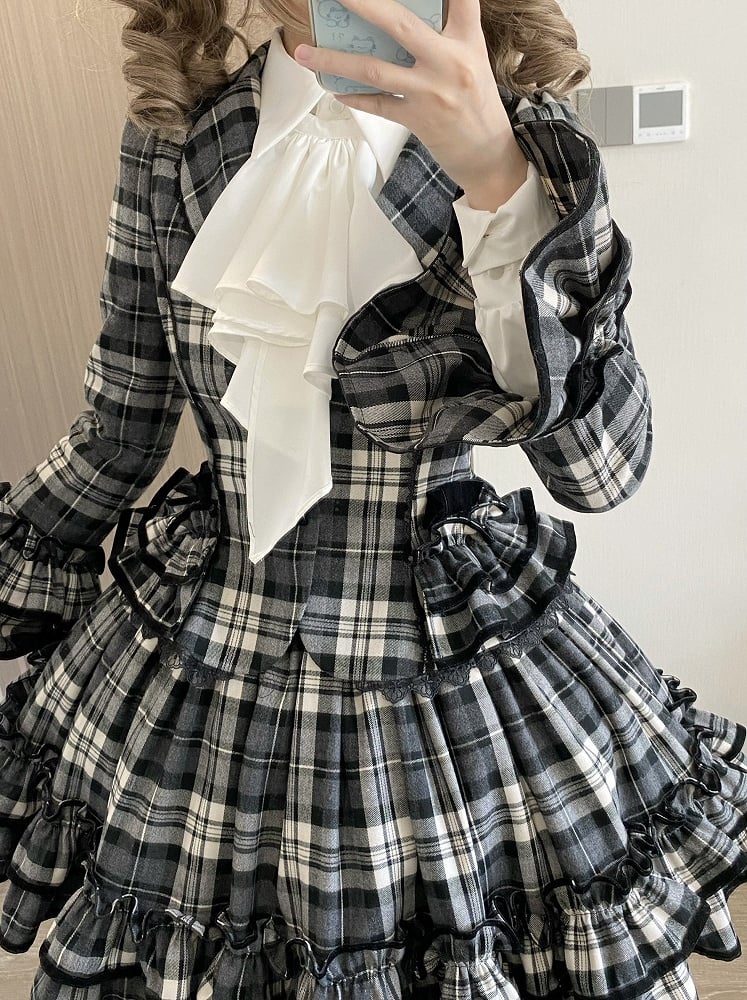 Notched + Old Lolita White Skirt Lapel Plaid - Set Black School Ruffled Blazer