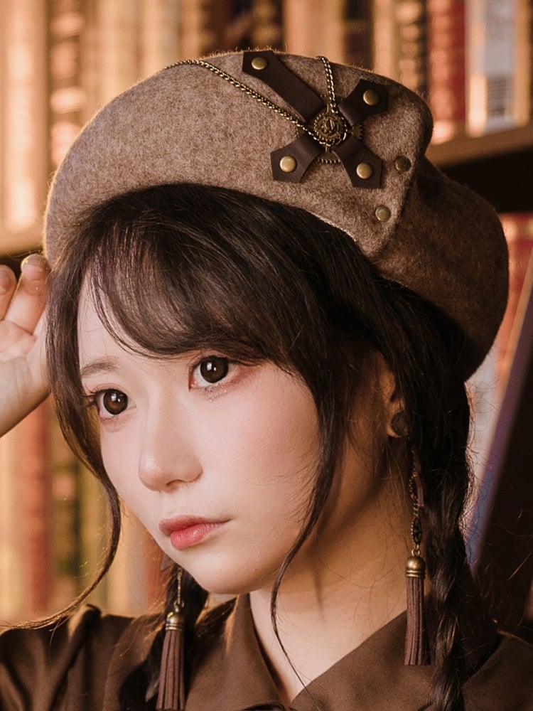 Hellbraune Steampunk-Baskenmütze