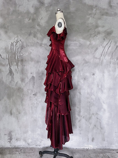Evening Gown Red Shimmer Flounce Spaghetti Strap Prom - Eas Candy