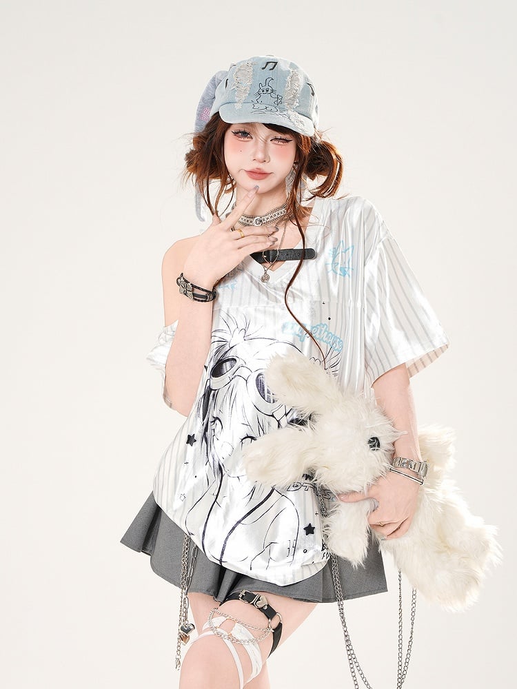 Satin Anime Girl Print Cutout Shoulder T-shirt White Pattern Striped V-neck